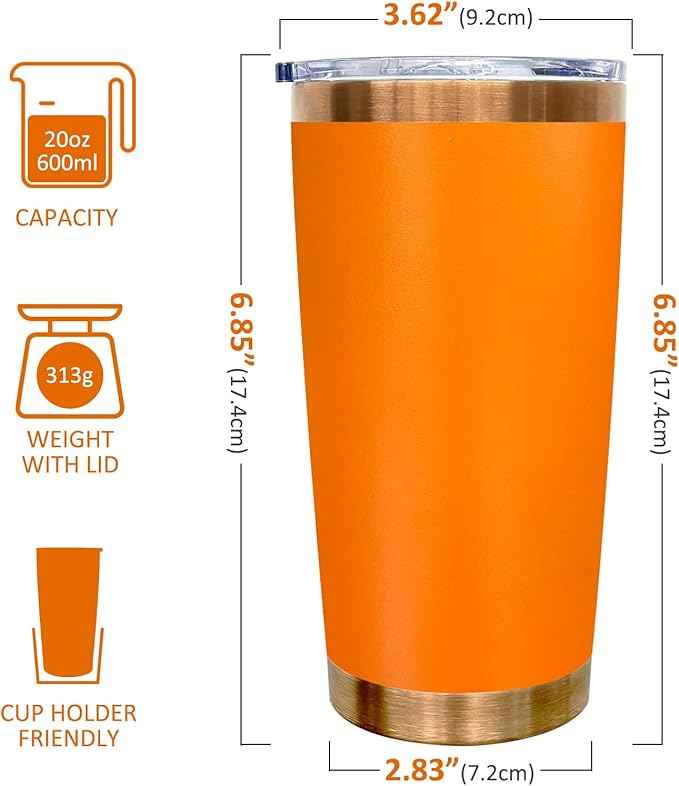 20 oz Tumblers Stainless Steel Tumbler with Lid and Straw Insulated Copper Coffee Mug for Laser Graving 33oz Powder Coated Cup(Orange,1 pack)
