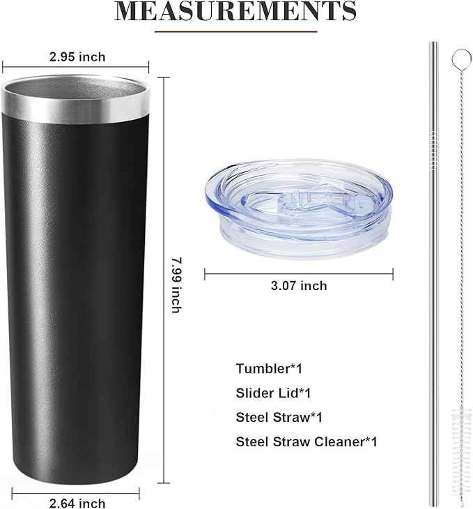 20 oz Skinny Tumbler with Lid and Straw,Stainless Steel Vacuum Insulated Tumbler Cup Double Wall Leak-proof Coffee Mug,Travel Thermal Water Tumbler for Home,Office,Outdoor(Black,1)