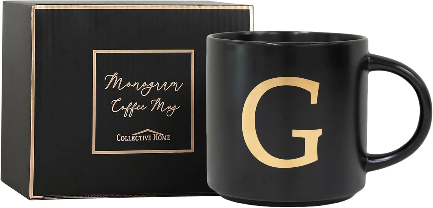 COLLECTIVE HOME - Monogram Ceramic Mugs, 15 oz Golden Initial Black Coffee Cups, Elegant Alphabet Tea Mugs, Elegant Personalized Mug with Gift Box, Unique Mug with Double Side Capital Lette (G)