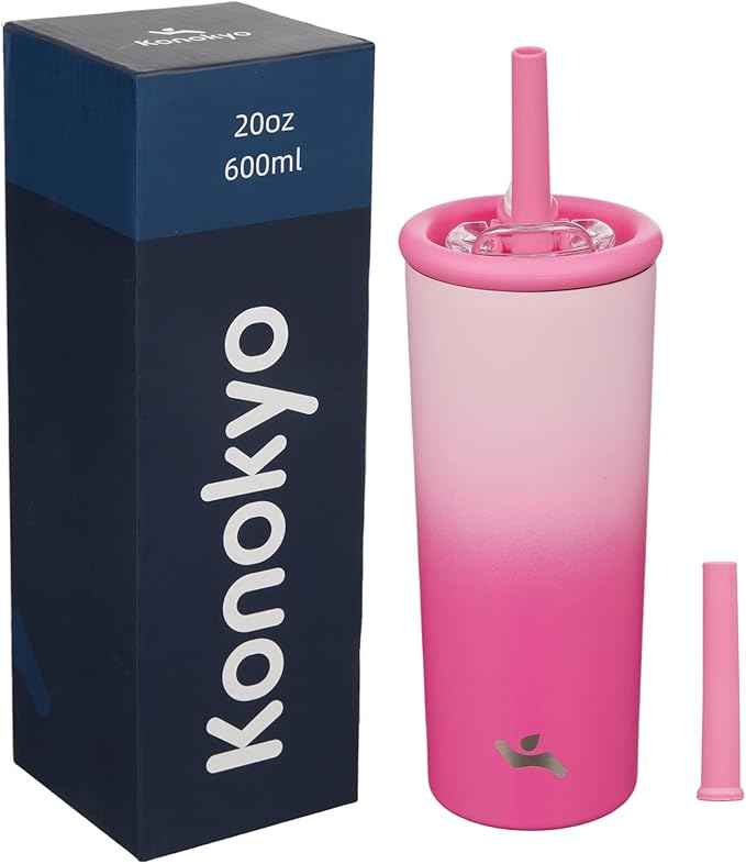 Konokyo 20oz Insulated Tumbler with Lid and Straw, Reusable Iced Coffee Cup with Lid, Travel Coffee Mug, BPA-Free, Leak-Proof and Durable, Cherry Blossoms