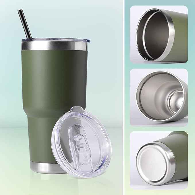 DOMICARE 30 oz Tumbler with Lid and Straw, Stainless Steel Tumblers Bulk, Insulated Vacuum Double Wall Travel Coffee Mug, Durable Powder Coated Tumbler Cups (Army Green, 4)