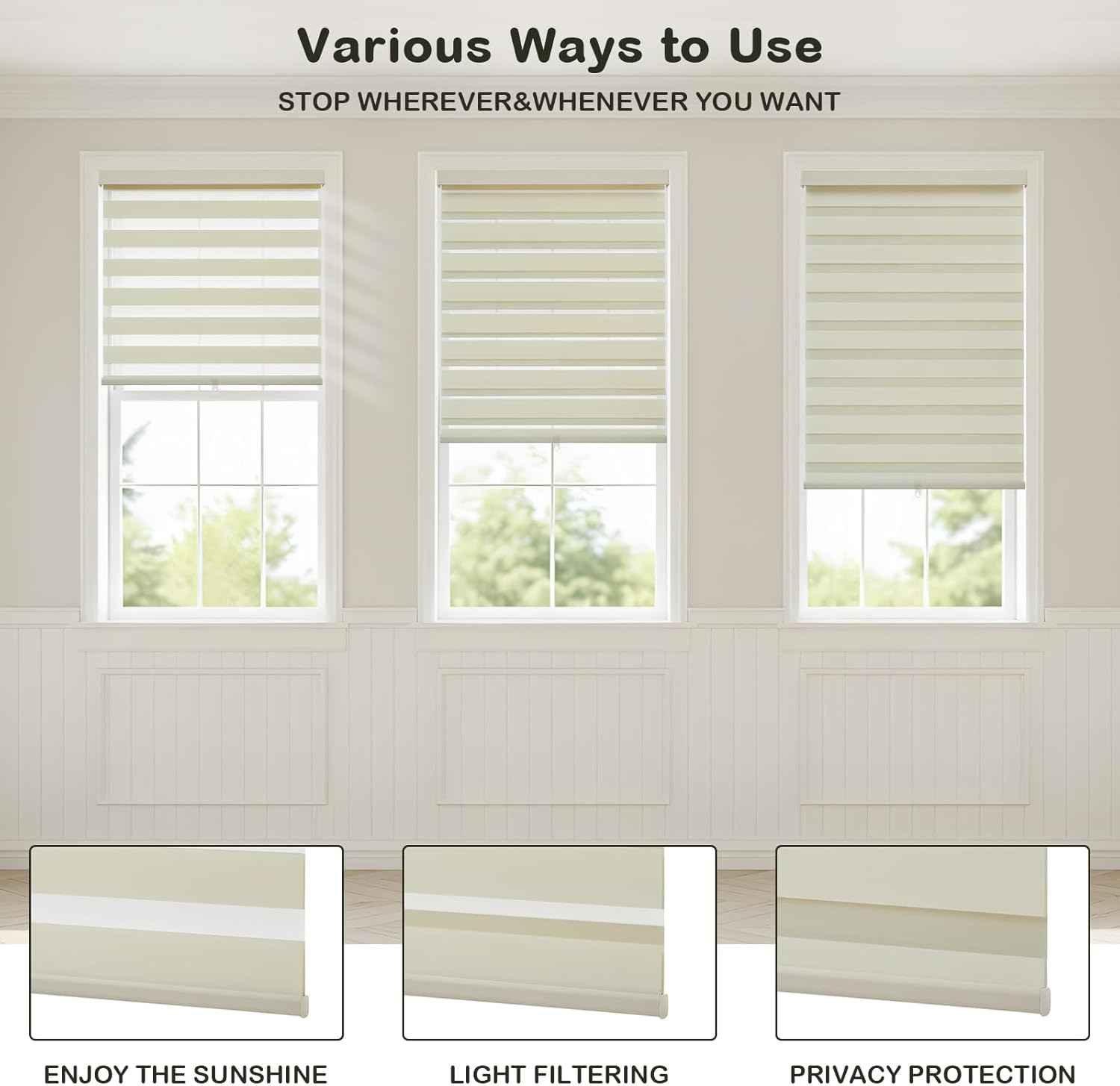 Cordless Zebra Blinds for Windows,Free-Stop Roller Zebra Shades,Light Filtering Blinds for Indoor windows with Upgraded Cassette,Pull Down Privacy Window Shades for Home (33" W x 72" H, Ivory)