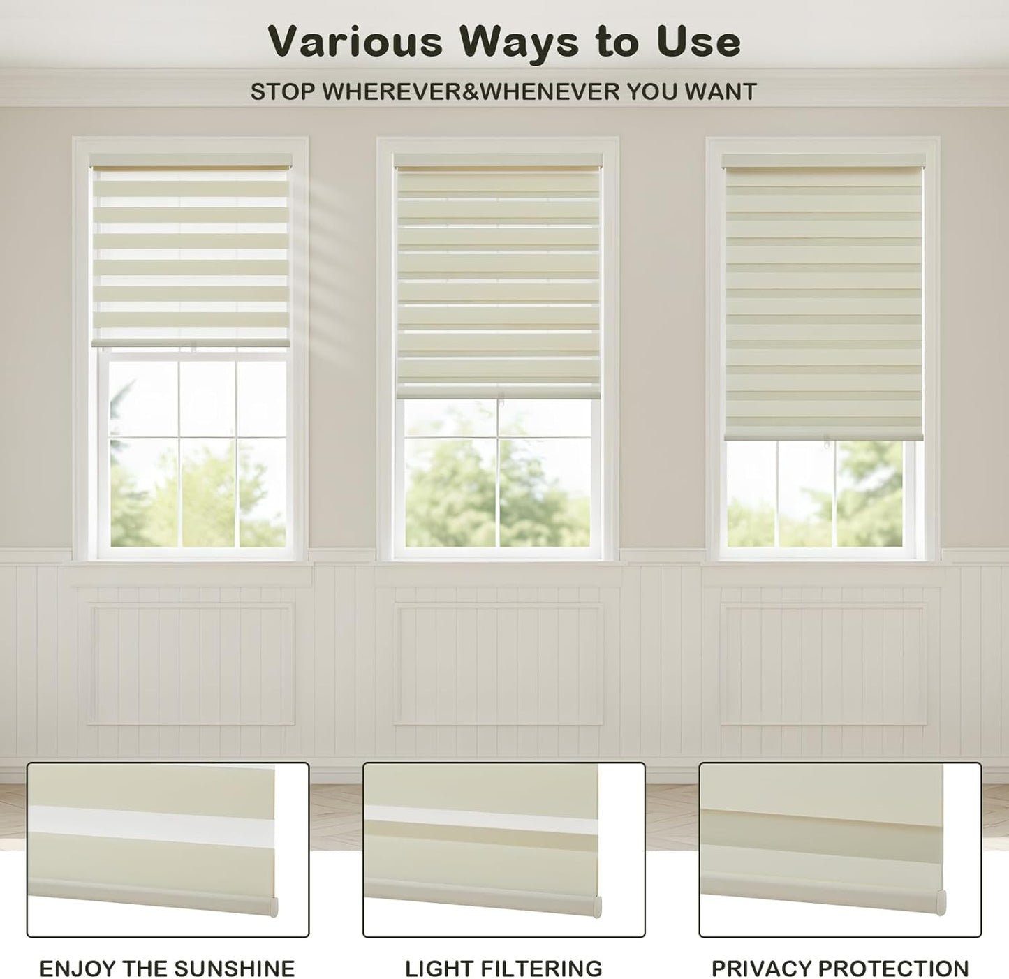 Cordless Zebra Blinds for Windows,Free-Stop Roller Zebra Shades,Light Filtering Blinds for Indoor windows with Upgraded Cassette,Pull Down Privacy Window Shades for Home (36" W x 72" H, Ivory)