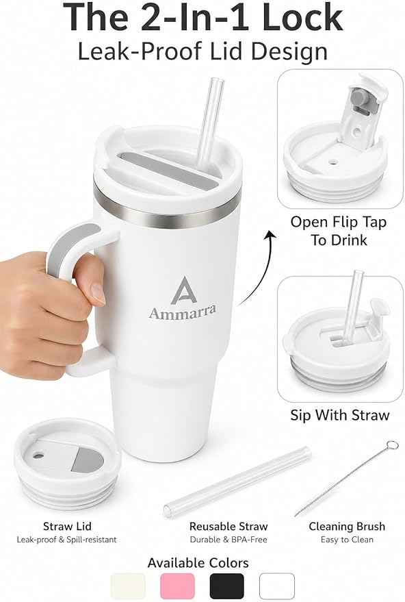 40 oz Tumbler with Handle and Straw | Insulated Stainless Steel Travel Mug with Leak Proof Lid | Cup Holder Friendly | BPA Free | Keeps Cold 12 Hours