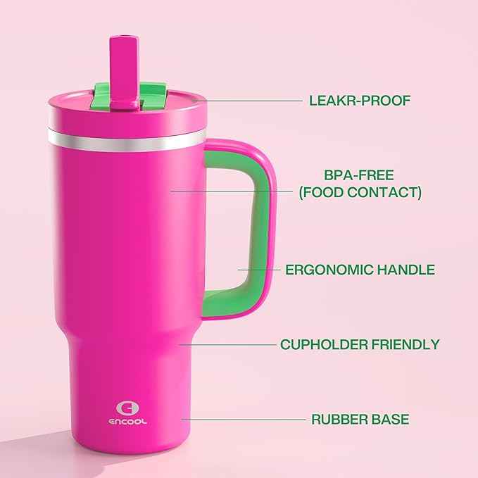 32 oz Tumbler with Handle and Straw: Stainless Steel Insulated Tumbler Keeps Cold for 24 Hours, Leakproof Travel Cup Fits in Cup Holder and BPA-Free,Knockout Pink