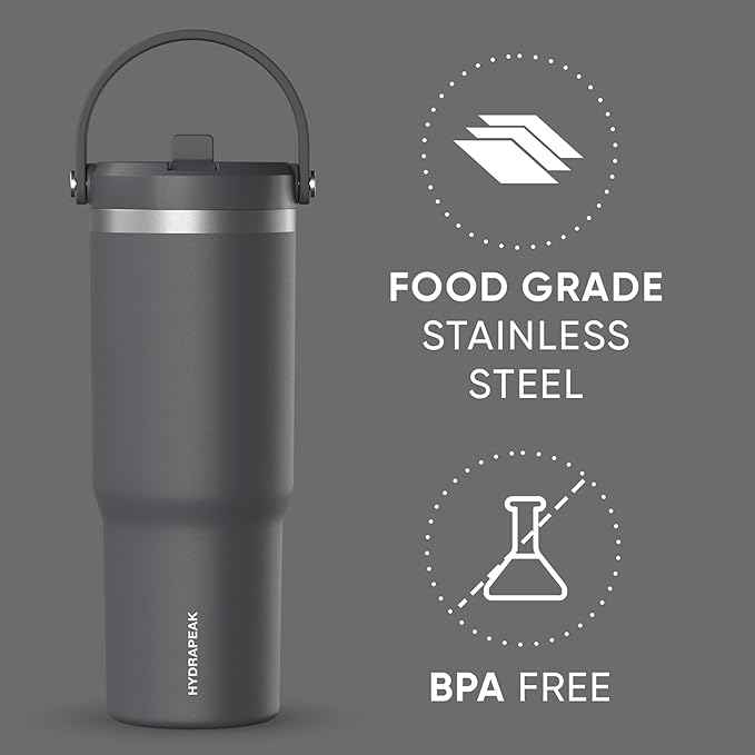 Hydrapeak Nomad 32 oz Tumbler with Handle and Straw Lid, Leakproof, Double Insulated, 32oz Cup, Stainless Steel | Grey Matter