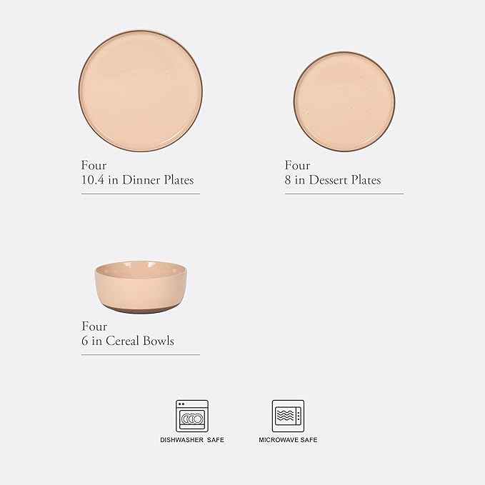 Gibson Elite Northrock Stoneware Dinnerware Set, 12-Piece Service for 4 Plates and Bowls Set – Pink Dishes with Hand-Painted Terracotta Base