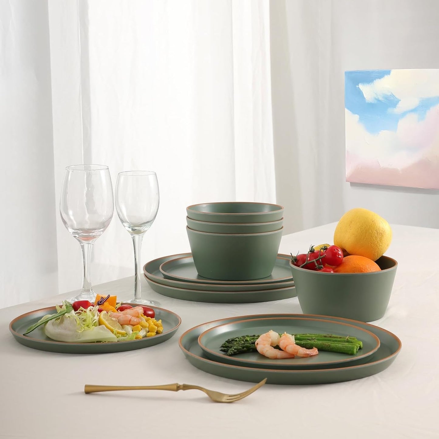 Melamine Dinnerware for 4, 12 Pieces Unbreakable Matte Plastic Plates and Bowls set, Kitchen Dish set BPA Free, Dishwasher Top Safe, Not Microwave, Not Oven (Green)
