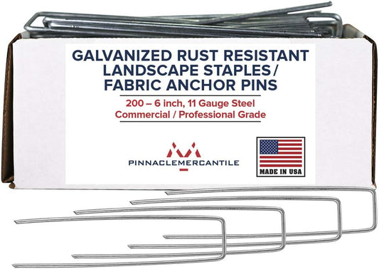Pinnacle Mercantile USA Made 200 Pack Garden Landscape Staples Weed Barrier Fabric Stakes Galvanized 6 inch Pins Anti Rust Sod Staple 11 Gauge Steel