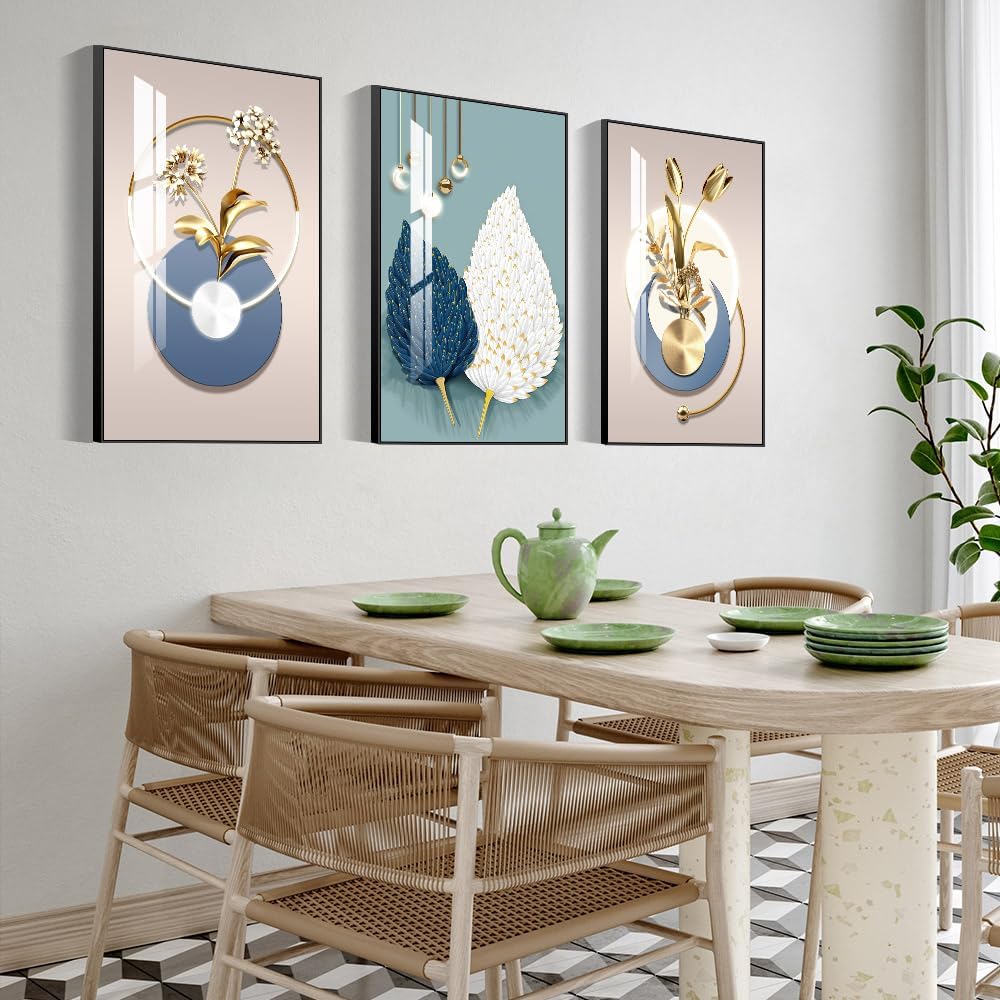MPLONG Abstract Modern Minimalist Natural Framed Decorative Painting Bright style Wall Art Set of 3Wall Decor for Living Room, Bedroom, Dining Room, Office, etc. (Blue, 24 "X 32" X 3 pieces)