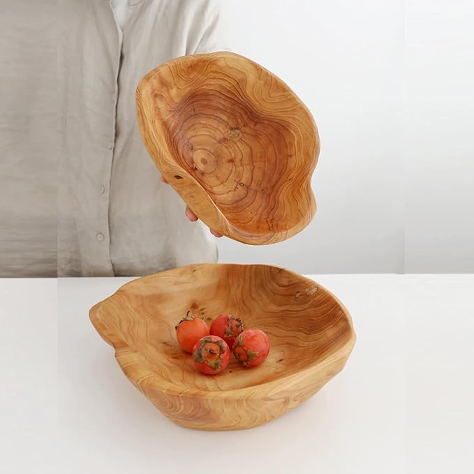 Wooden Bowl Decorative Natural Wood Fruit Bowls, Irregular Creative Wood Bowl, Rustic Hand Carved Candy Snack Keys Serving Bowls for Home Decor (12"-14" Diameter)