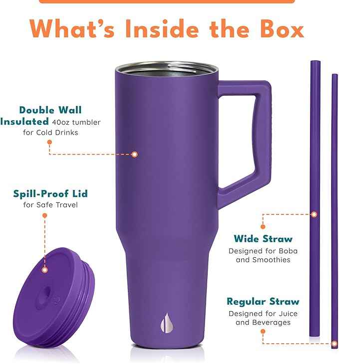 Elemental 40 oz Tumbler with Handle and Straw - Spill Proof Insulated Stainless Steel Commuter for Cold Beverages - Travel Coffee Mug with 2 Straws & Spill Proof Lid - 40oz - Purple