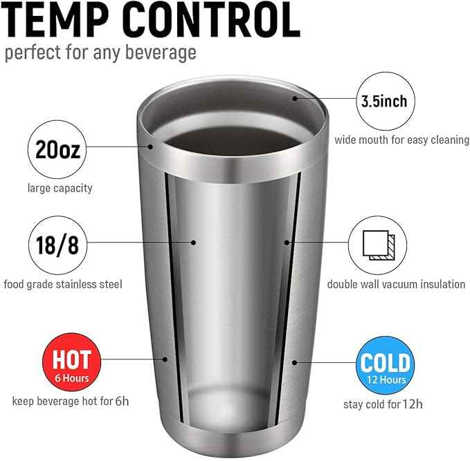 COMOOO 20oz Tumbler with Straw Stainless Steel Insulated Coffee Tumbler Cups Double Wall Vacuum Travel Coffee Mug with Splash Proof Sliding Lid for Hot Cold Drinks (Silver, 1 Pack)
