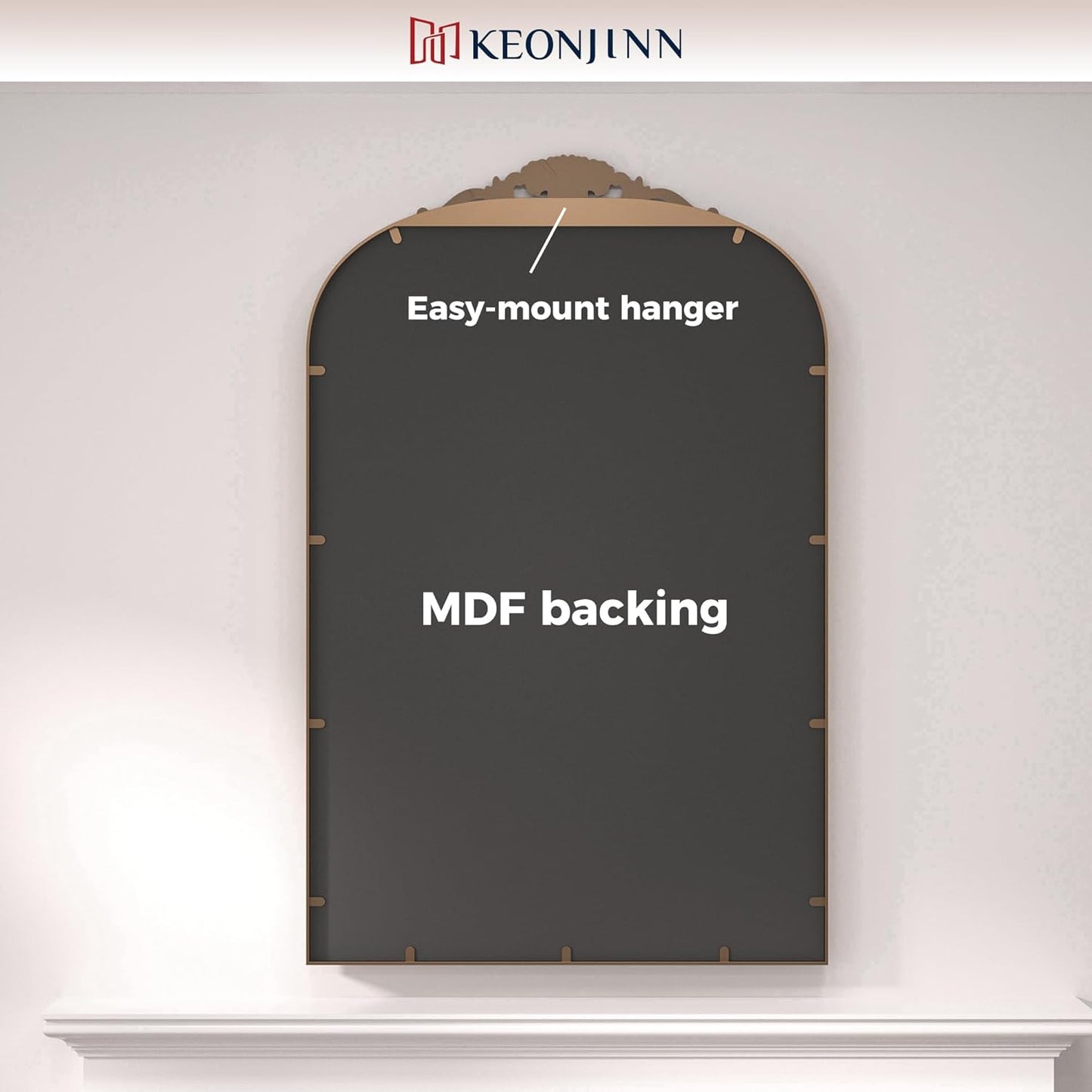 Keonjinn Brass Vintage Arched Mirror for Wall, 24" x 30" Antique Gold Mirrors with Metal Frame, Baroque Style Decoration for Mantle, Bathroom, Living Room, Fireplace, Bedroom, French Cleat Mounting