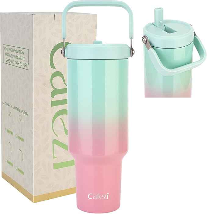 40 oz Insulated Tumbler with Top Handle and Flip Straw, Vacuum Insulated Stainless Steel Cup, Sweat-Free, Fits Cup Holder, Keeps Drinks Cold up to 30 Hours