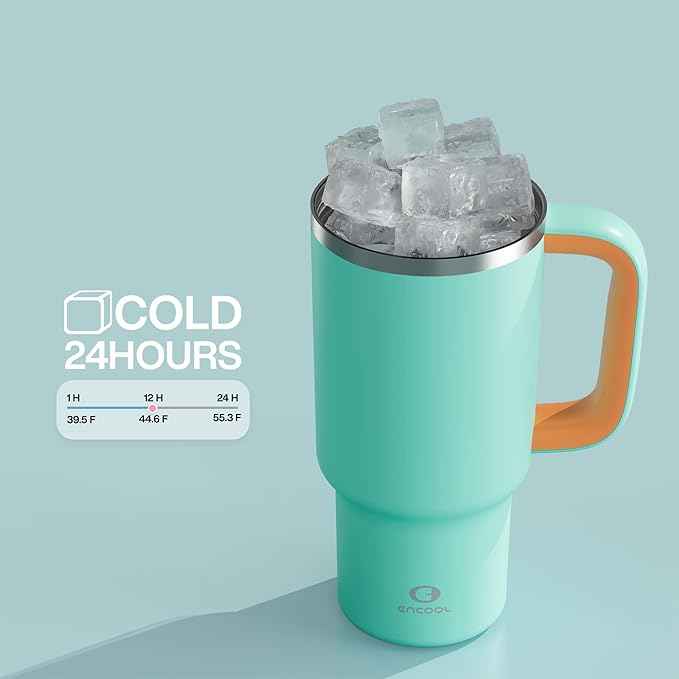 ENCOOL 32 oz Tumbler with Handle and Straw: Stainless Steel Insulated Tumbler Keeps Cold for 24 Hours, Leakproof Travel Cup Fits in Cup Holder and BPA-Free,Soft Cyan