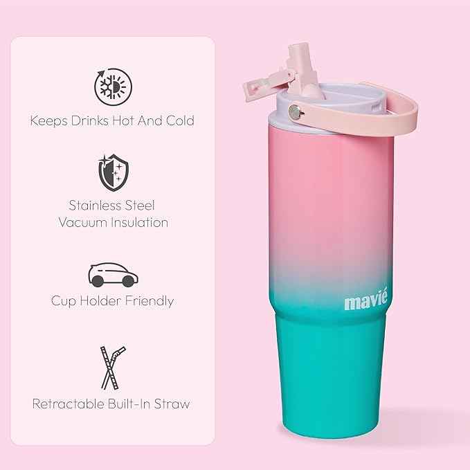 30oz Tumbler With Top Handle & Built-In Flip Straw + Sip Spout, Double Insulated Stainless Steel Water Bottle, 100% Leakproof & Reusable, Cup Holder Friendly Travel Coffee Mug (Purple Pink)