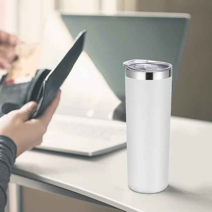 VEGOND Stainless Steel Skinny Tumbler, 20 oz Vacuum Insulated Tumbler with Lid and Straw, Double Wall Coffee Cup, Travel Mug for Cold Hot Drinks, White 1 Pack