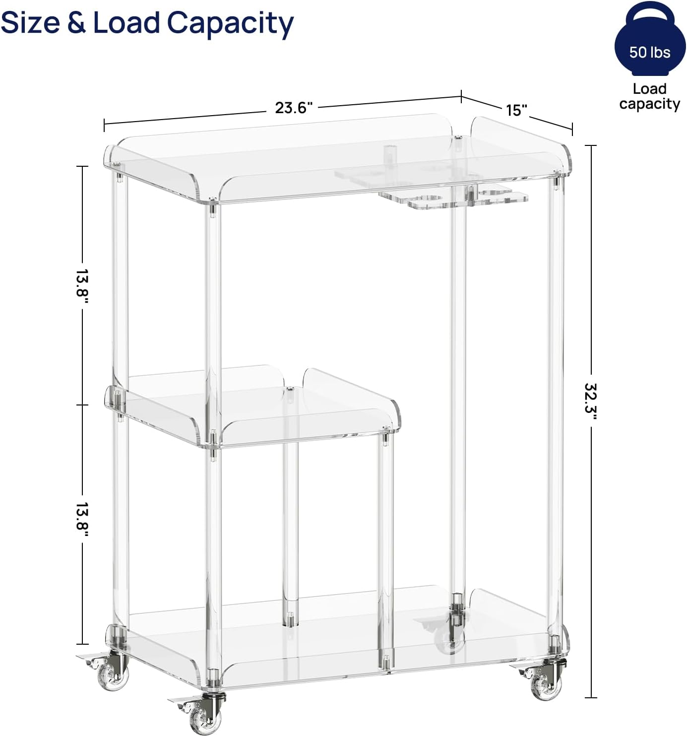 HMYHUM Acrylic Bar Cart with 4 Lockable Wheels, 3 Tier Clear Serving Cart with Glass Holder, Rolling Beverage Cart for Home, Kitchen, Dinning Room, 23.6''D x 15''W x 32.3''H