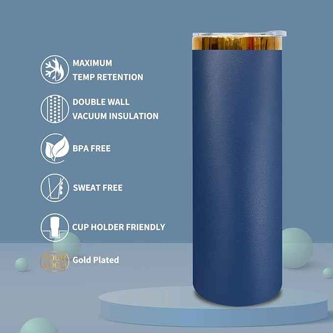 20 oz Skinny Tumblers Stainless Steel Tumbler with Lid and Straw Double Wall Vacuum Insulated Coffee Mug 20oz Powder Coated Cup for Hot and Cold Drinks(Navy,1 pack)