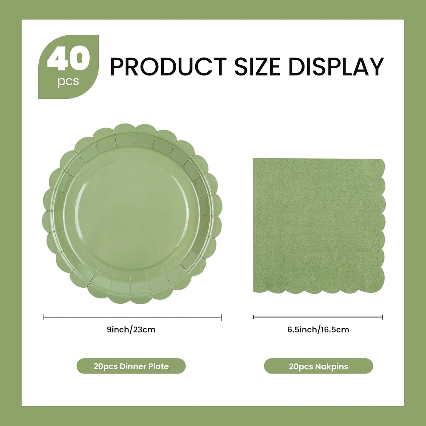 40 Pcs Party Dessert Plates and Napkins Sets Sage Green 9" Paper Plates and 6.5" Napkins Party Supplies Tableware Decoration For Birthday Picnic