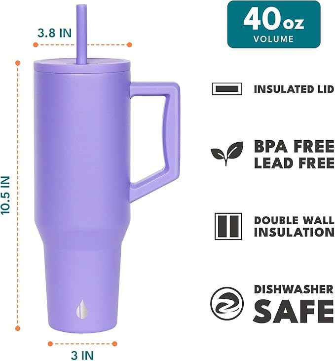 Elemental 40 oz Tumbler with Handle and Straw - Spill Proof Insulated Stainless Steel Commuter for Cold Beverages - Travel Coffee Mug with 2 Straws & Spill Proof Lid - 40oz - Lavender