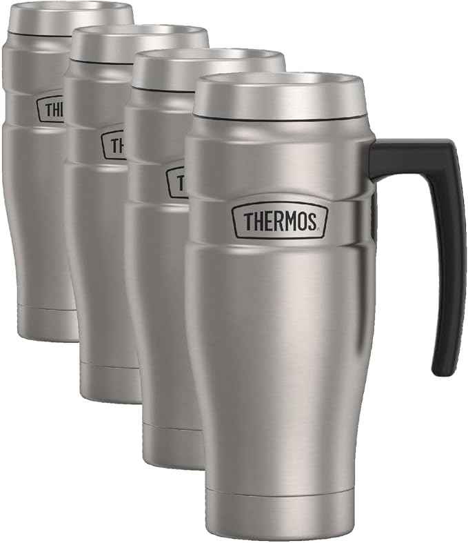 THERMOS Stainless King Vacuum-Insulated Travel Mug with Handle-16oz,Matte Steel-Thermos Tumbler for Hot&Cold Drinks-Leak-Proof&Sweat-Proof Stainless Steel Coffee Mug with Lid for Commuting,(Pack of 4)