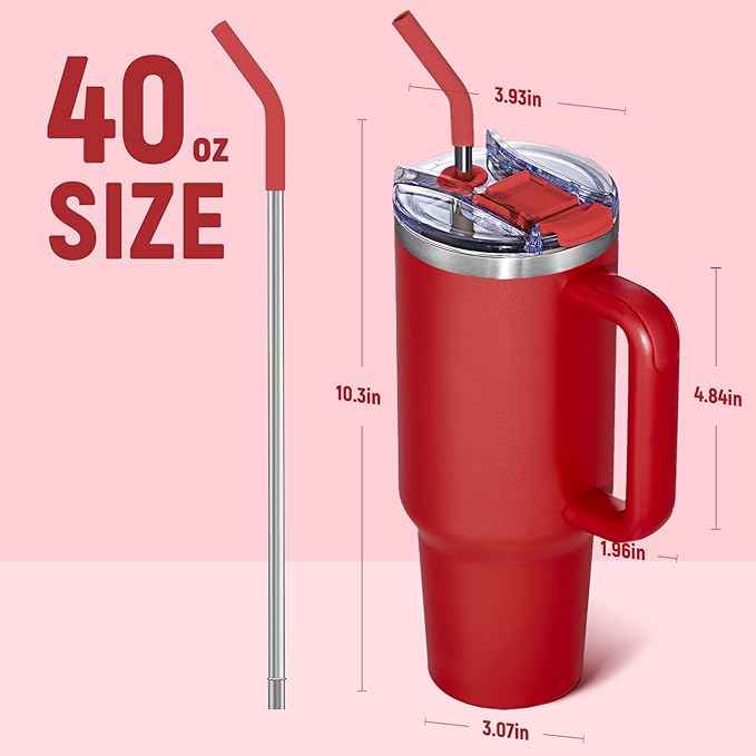 COKTIK 40 oz Tumbler With Handle and Straw, Insulated Tumbler With Leakproof Lids, Stainless Steel|BPA-Free, Cold for 24 H (Red)