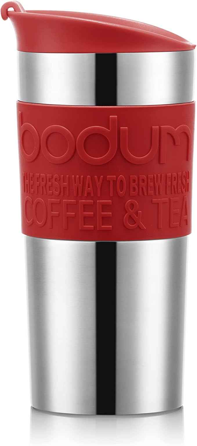 Bodum K11067-04 TRAVEL PRESS SET Vacuum Insulated Piston Mug, Double-Walled Stainless Steel, with Extra Lid, 0.35 L