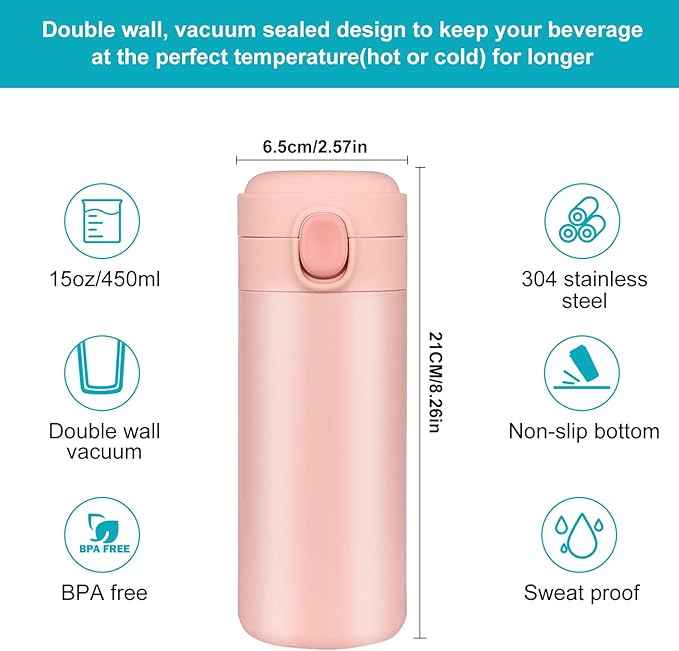 YINJAM Insulated Travel Water Bottle Metal Coffee Cup Mug Stainless Steel Reusable Flask Tumbler for Men Women Gym Hiking Sports (Pink, 15 Oz)