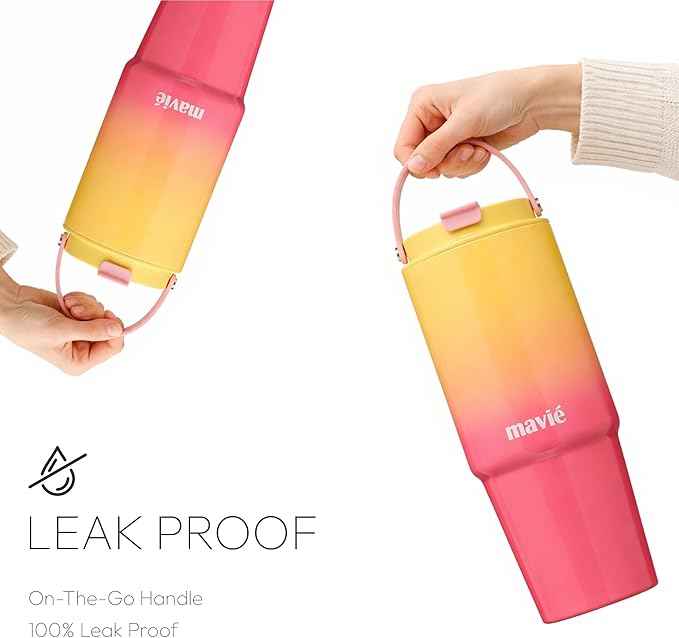 30oz Tumbler With Top Handle & Built-In Flip Straw + Sip Spout, Double Insulated Stainless Steel Water Bottle, 100% Leakproof & Reusable, Cup Holder Friendly Travel Coffee Mug (Pink Yellow)