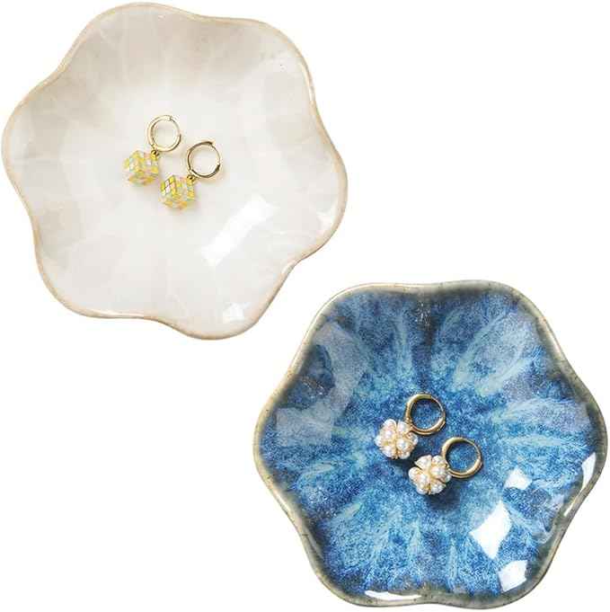 2PCS Lotus Leaf Shape Ring Holder Dish, Small Key Bowl, Ceramic Trinket Tray Jewelry Dish Organizing Necklace Earrings for Mom Friend Sister, All Jewelries Are NOT Included. White+Light Blue.