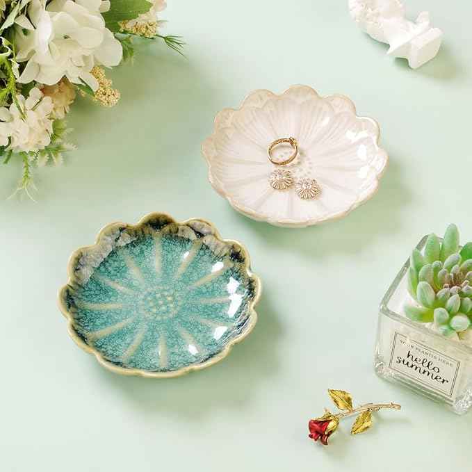 Lotus Ring Holder Dish Small Indoor Ash Tray, Ceramic Dessert Plate Trinket Jewelry Holder Organizing Necklace Earrings for Parents Friends Sister, Deep Green. All Jewelries Are NOT Included.