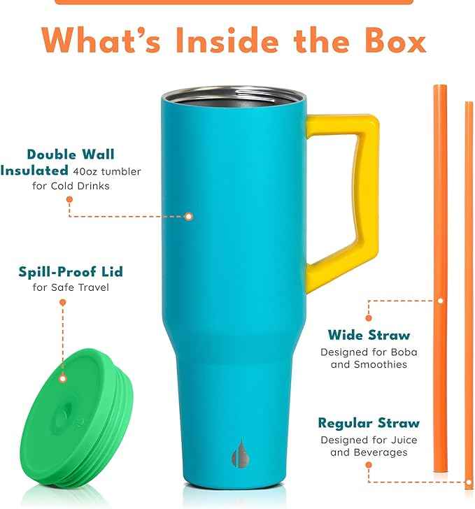 Elemental 40 oz Tumbler with Handle and Straw - Spill Proof Insulated Stainless Steel Commuter for Cold Beverages - Travel Coffee Mug with 2 Straws & Spill Proof Lid - 40oz- Blue Lagoon