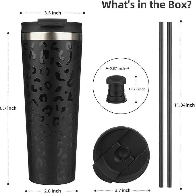 BJPKPK 26oz Insulated Tumbler With lid And Straw Stainless Steel Tumblers Travel Coffee Mug Reusable Thermal Cup,Black Leopard