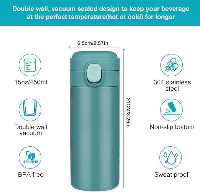 YINJAM Insulated Travel Water Bottle Metal Coffee Cup Mug Stainless Steel Reusable Flask Tumbler for Men Women Gym Hiking Sports (Blue, 15 Oz)