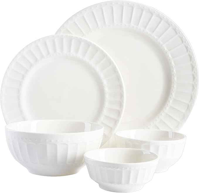 Gibson Home Zen Buffet Porcelain Ceramic Dinnerware Sets for 8, Plates and Bowls Set (40pcs), White Embossed Dishes