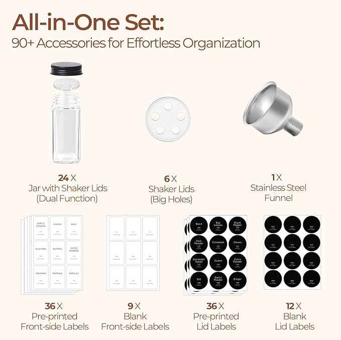 ComSaf Glass Spice Jars with Label, 24Pcs 4oz, 93 Labels, a Metal Funnel, Extra Shaker Lids, Empty Spice Containers and Square Spice Bottles for Kitchen and Seasoning