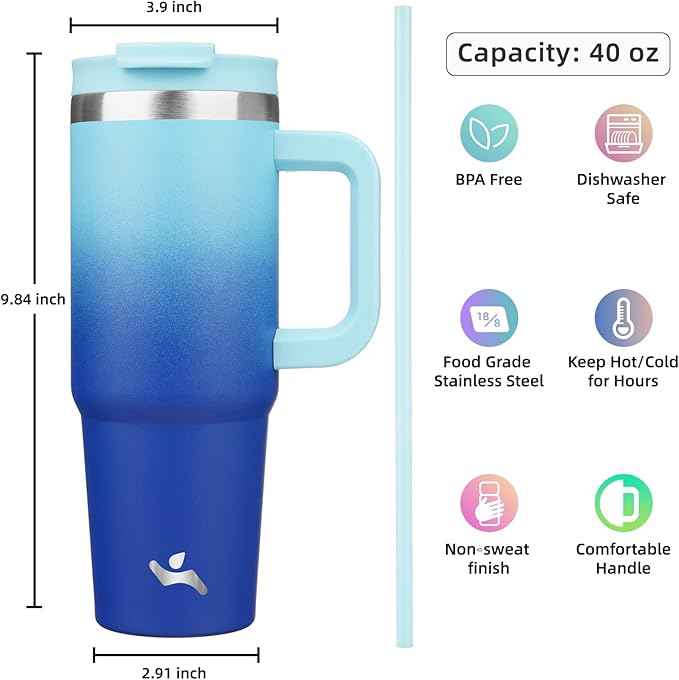 Konokyo 40 oz Tumbler with Handle and 2 Straws,2 in 1 Lid Insulated Water Bottle Stainless Steel Travel Coffee Mug,Sky