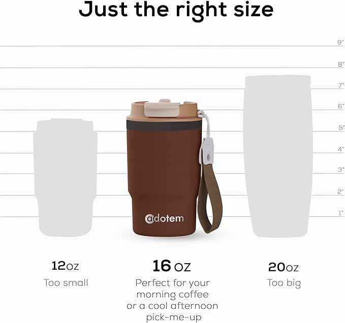 Insulated 16oz Stainless Steel Tumbler Mug Leakproof Double Walled Vacuum Thermal Coffee Cup with 2-in-1 Straw & Lid, Cupholder-Friendly Travel Mug for Hot & Cold Drinks (Brown)