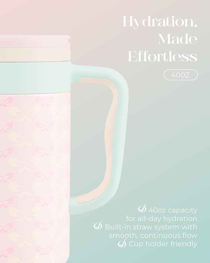 40 oz Insulated Tumbler with Handle and Push-Button Straw Lid, Stainless Steel Travel Cup for Gym Office, Leakproof, BPA-Free, Cup Holder Friendly, Bow Silicone Boot, Pink (Coquette Bloom)