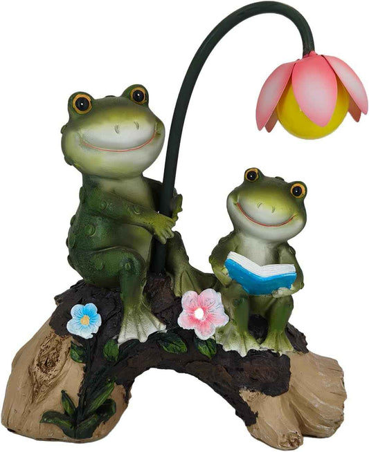 Solar Powered Frog Garden Statue with LED Flower Light, Resin Frog Family Figurine for Outdoor Patio Yard Lawn Decor, Cute Animal Garden Sculpture