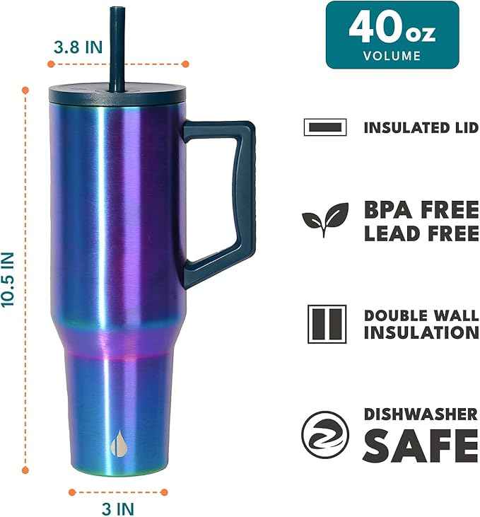 Elemental 40 oz Tumbler with Handle and Straw - Spill Proof Insulated Stainless Steel Commuter for Cold Beverages - Travel Coffee Mug with 2 Straws & Spill Proof Lid - 40oz - Iridescent
