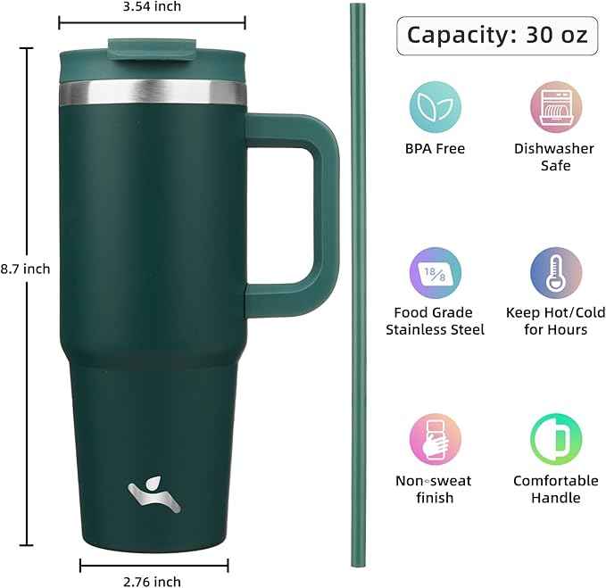Konokyo 30 oz Tumbler with Handle and 2 Straws,2 in 1 Lid Insulated Water Bottle Stainless Steel Travel Coffee Mug,Dark Green