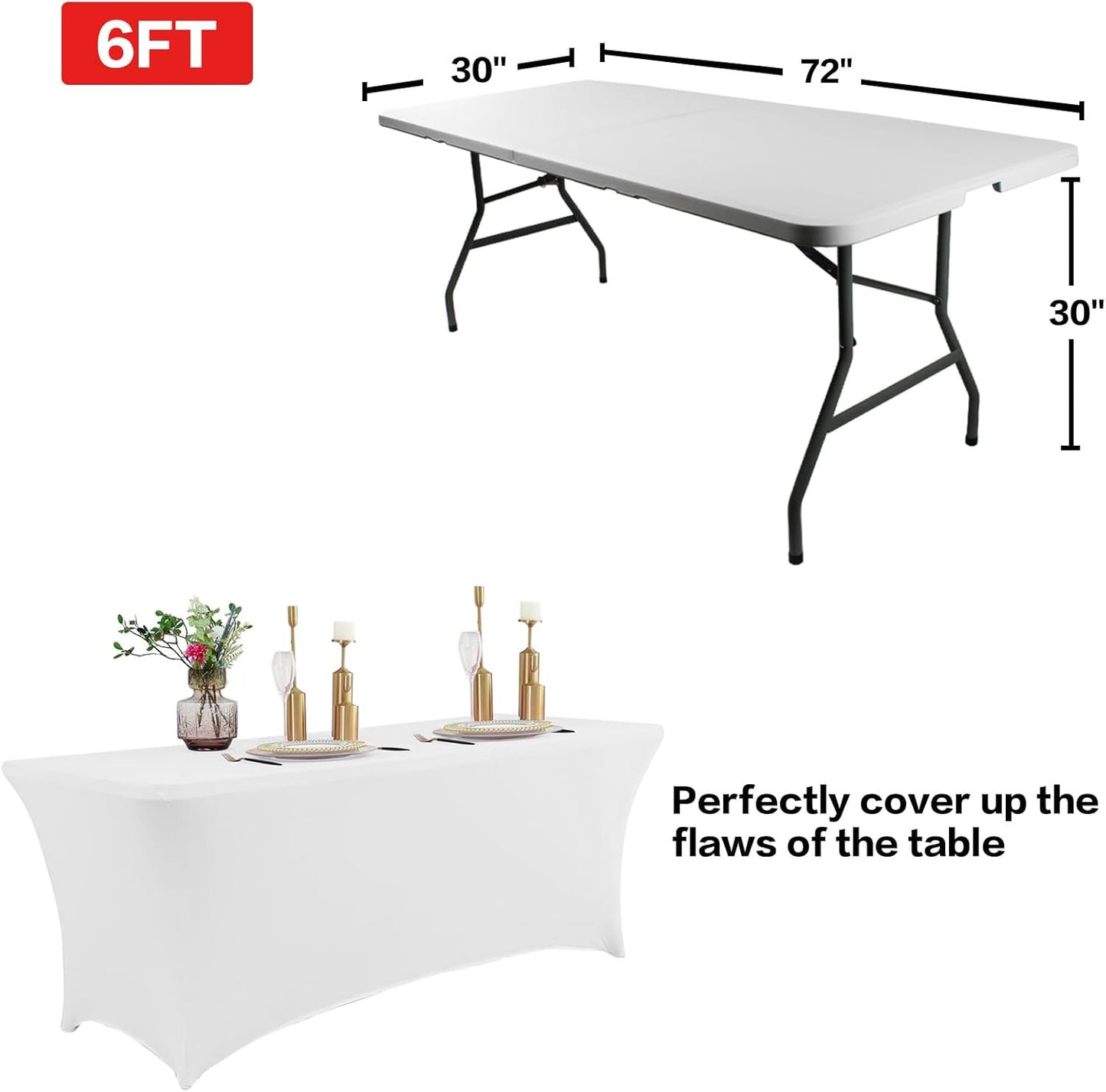 IVAPUPU 6FT Spring Table Cloth for Rectangular Fitted Events Stretch White Table Covers Washable Spandex Tablecloth Protector for Party, Wedding, Cocktail, Banquet, Festival