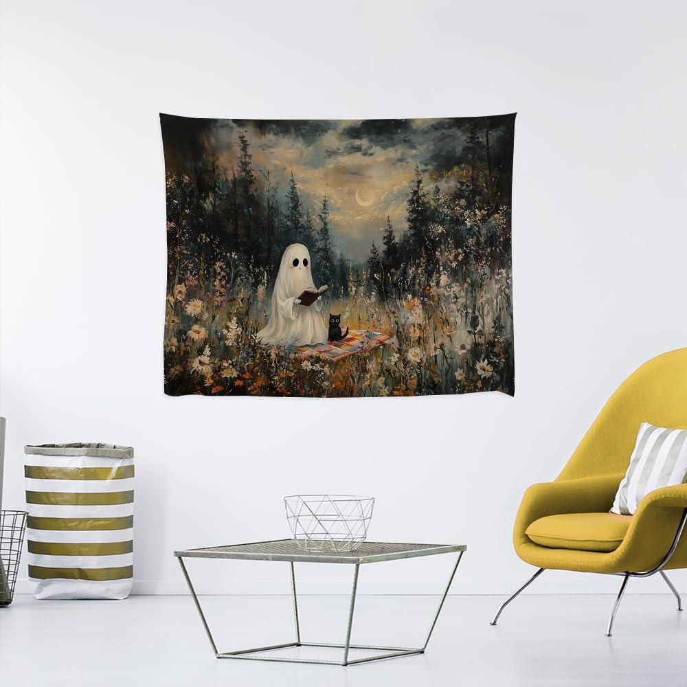 Halloween Ghost and Black Cat Tapestry Wall Hanging Spooky Ghos Reading Book in Wildflowers Wall Decor Halloween Witchy Room Aesthetic Tapestries for Goth Living Room Bedroom Decoration 50x60inch