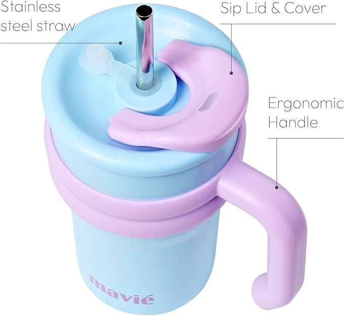 17oz Tumbler With Handle & Metal Straw + Silicone Cover & Sip Spout, Double Insulated Stainless Steel Water Bottle With Rubber Base, Leakproof, Cup Holder Friendly Travel Coffee Mug (Blue)