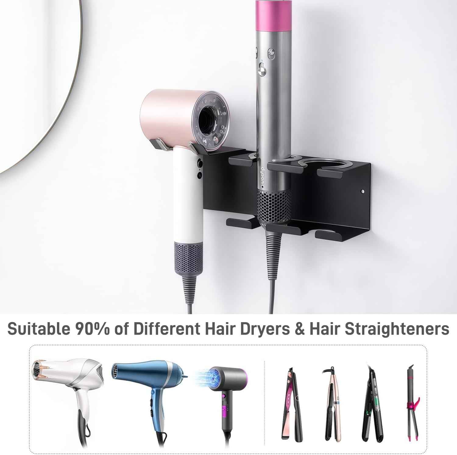 Hair Tool Organizer Wall Mount, Stainless Steel Curling Iron Holder Wall Mount, Hair Dryer and Straightener Holder 3-in-1 Storage for Bathroom Vanity Salon Black PTALSEAW
