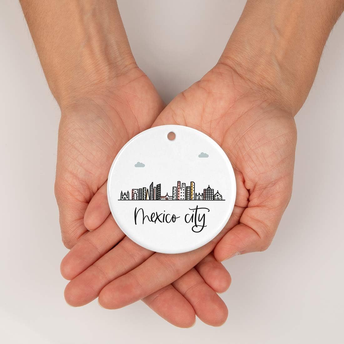 Andaz Press Round Ceramic Porcelain Christmas Tree Ornament Keepsake Gift, Mexico City, Colorful International City Skyline Graphic, 1-Pack, Birthday Family Coworker Him Her, Gift Box