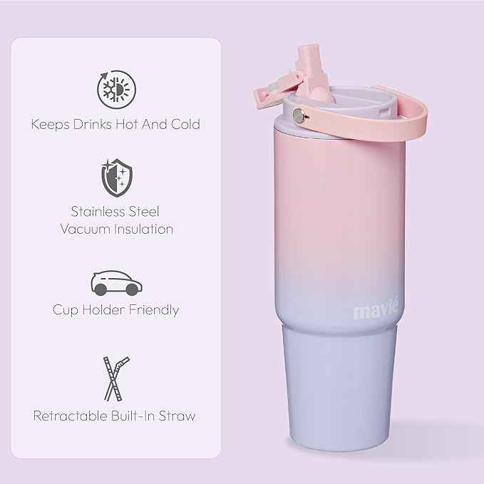 30oz Tumbler With Top Handle & Built-In Flip Straw + Sip Spout, Double Insulated Stainless Steel Water Bottle, 100% Leakproof & Reusable, Cup Holder Friendly Travel Coffee Mug (Aqua Pink)